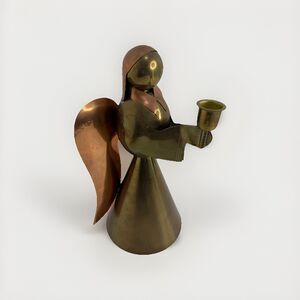 Vtg 12" BRASS & COPPER METAL CHRISTMAS ANGEL TAPER CANDLE STICK HOLDER Large